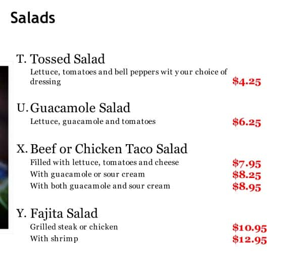 Munoz Mexican Grill Salads Menu