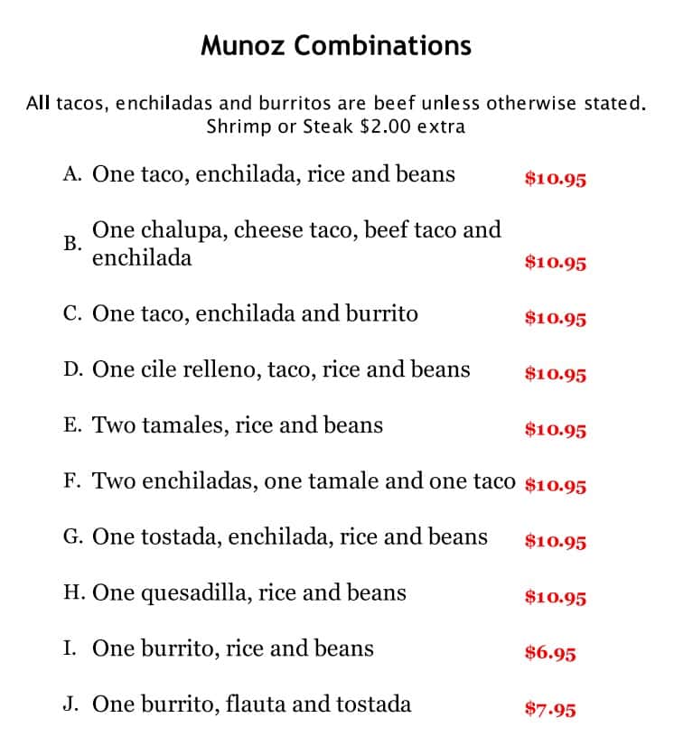 Munoz Mexican Grill Combinations Menu