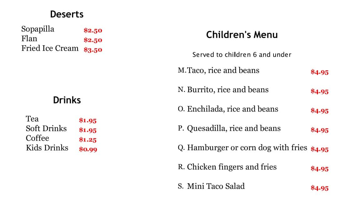 Munoz Mexican Grill Desserts, Drinks, and Childrens Menu