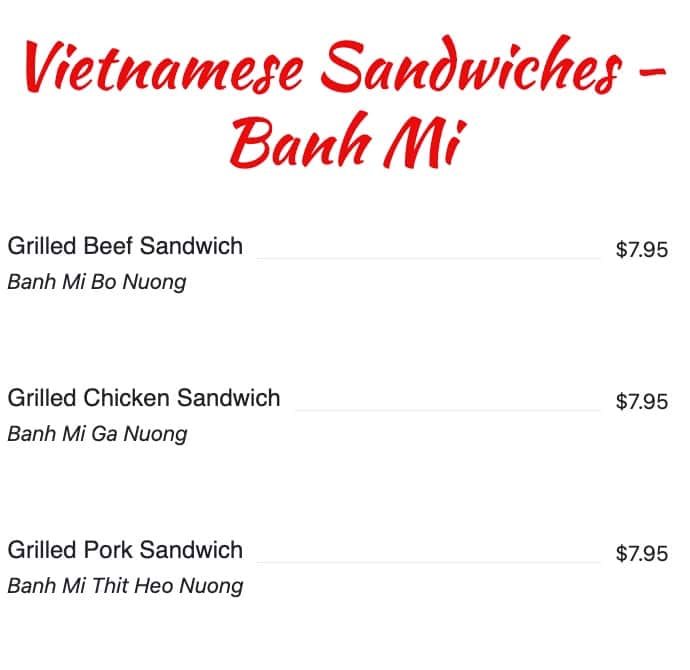 Pho Lee Vietnamese Sandwiches Menu