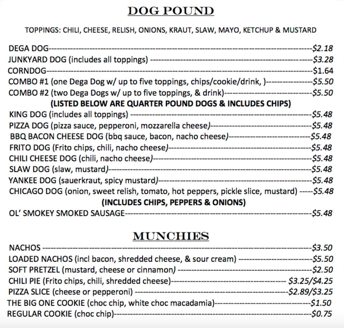 Pop The Top Soda Shop Dogs and Munchies Menu