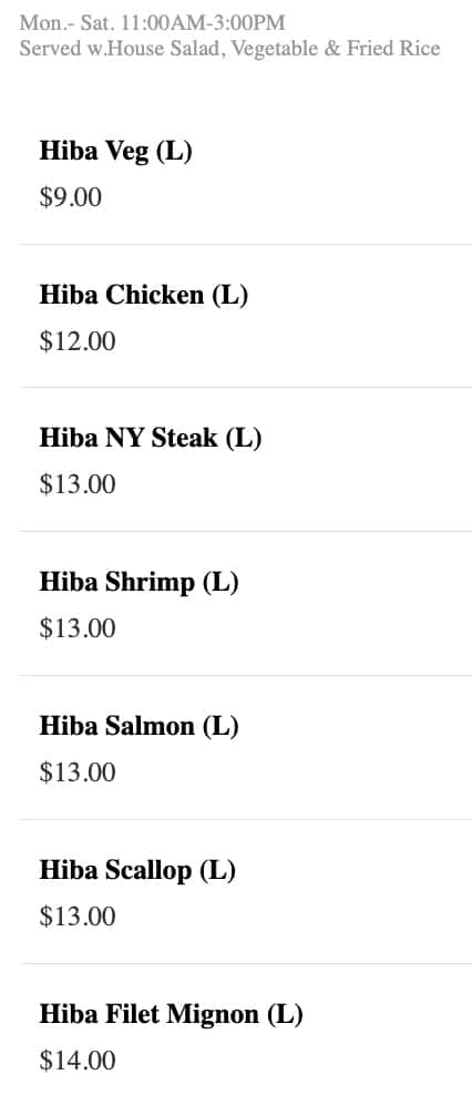 Samurai Steakhouse Hibachi Lunch Menu