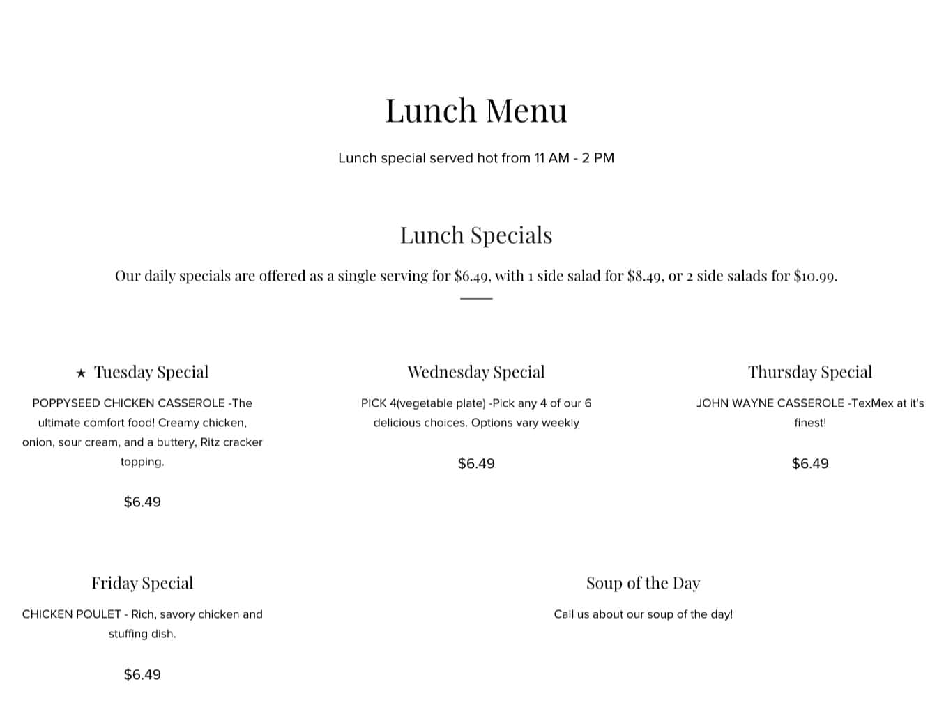 Suzanne's Bakery & Eatery Lunch Menu