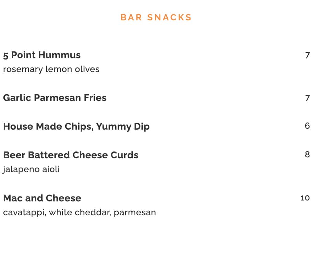 5 Point Public House and Oyster Bar Bar Snack Menu