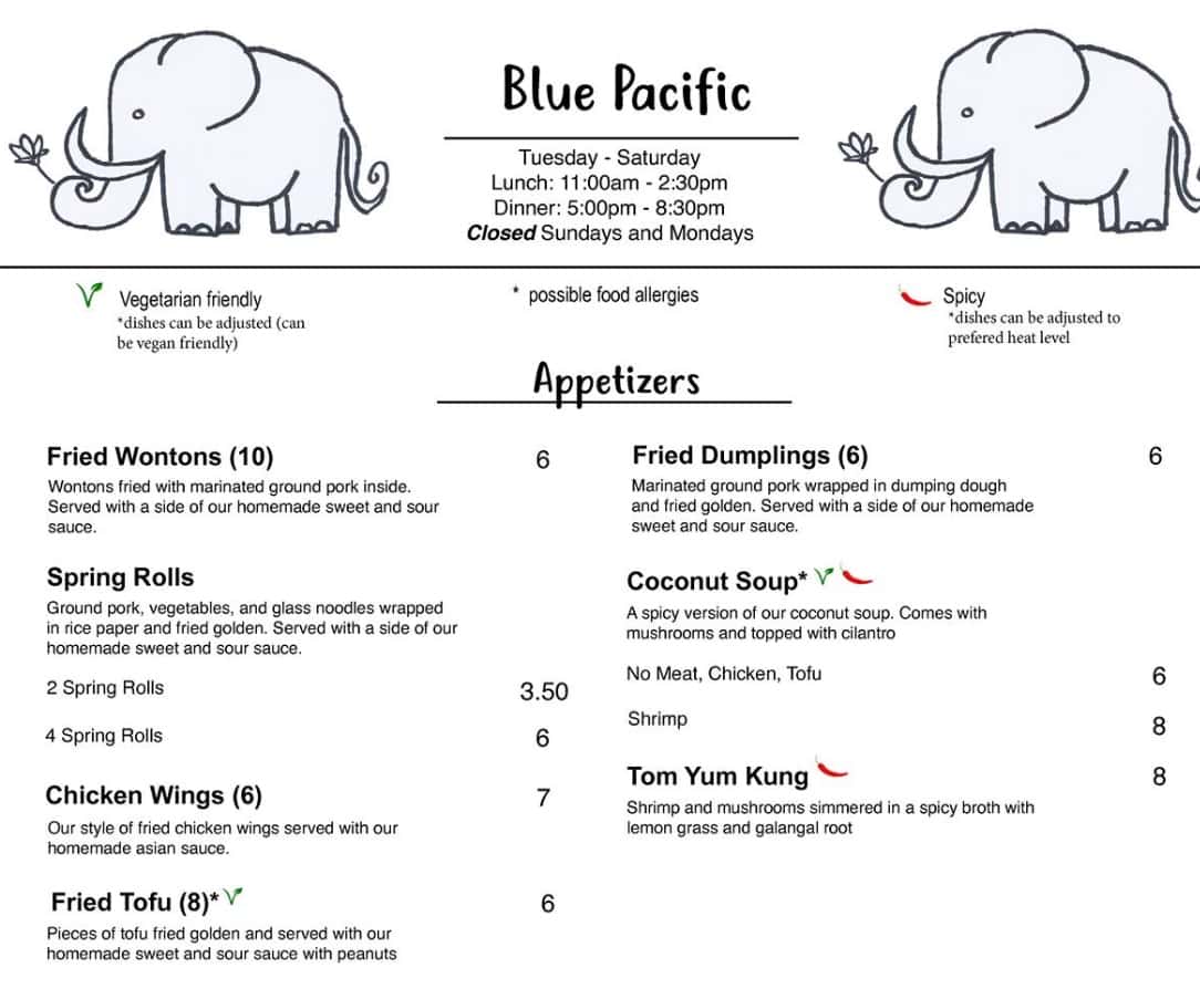 Blue Pacific Appetizer Menu