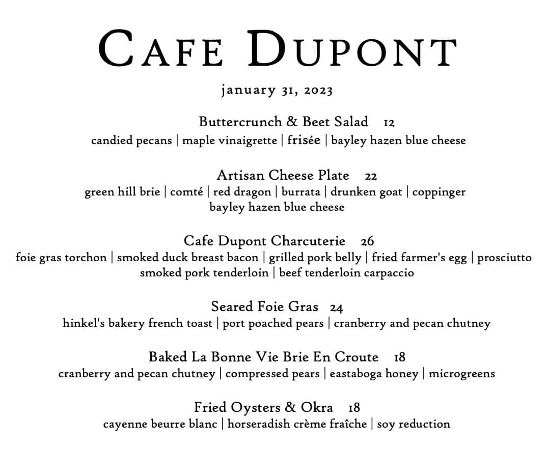 Cafe Dupont Dinner Menu