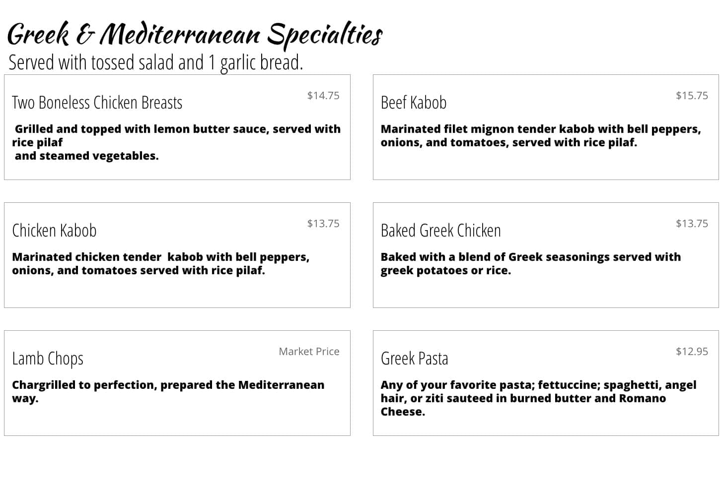 Costa's Mediterranean Cafe Lunch Menu