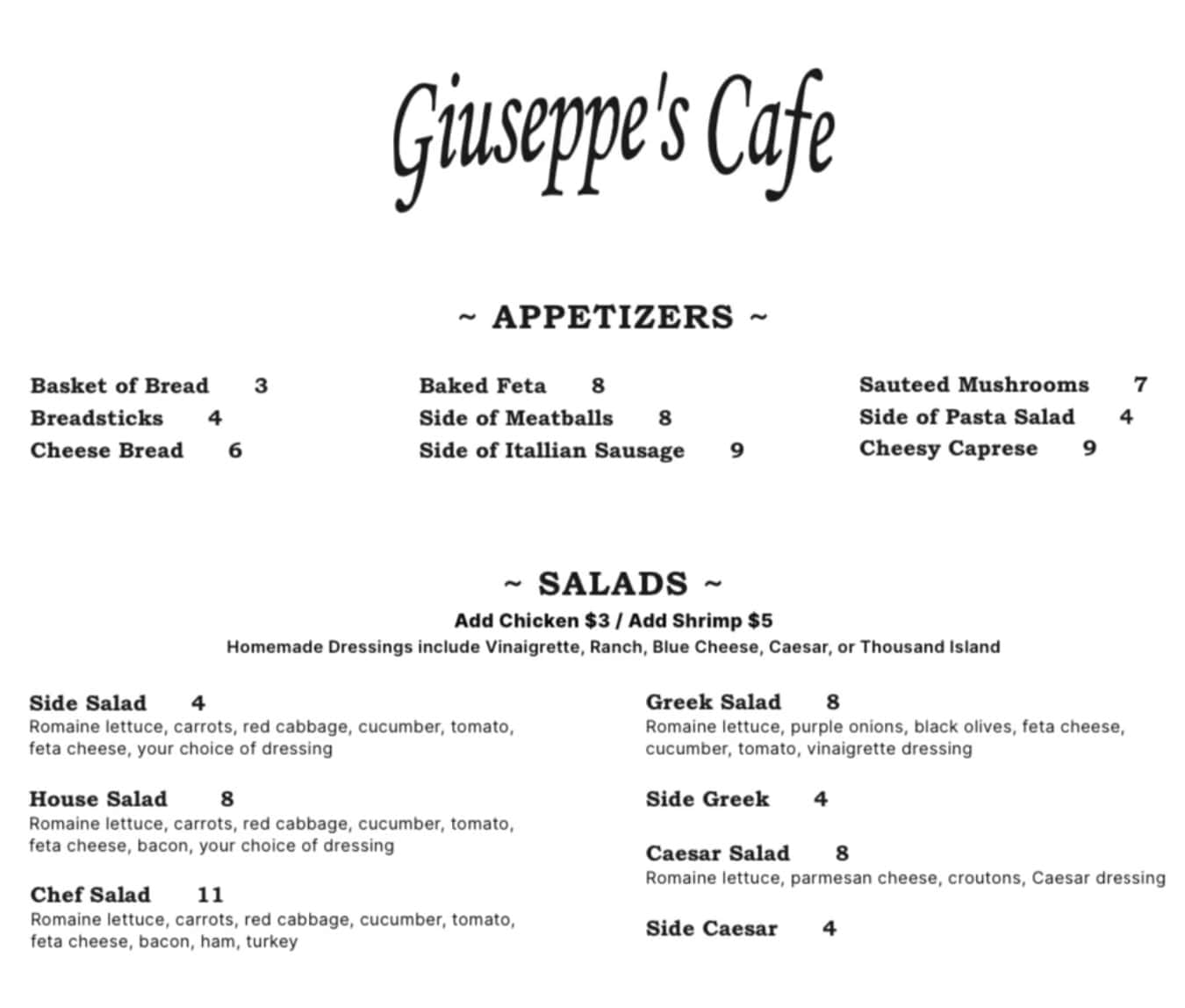 Giuseppe's Cafe Appetizer and Salad Menu