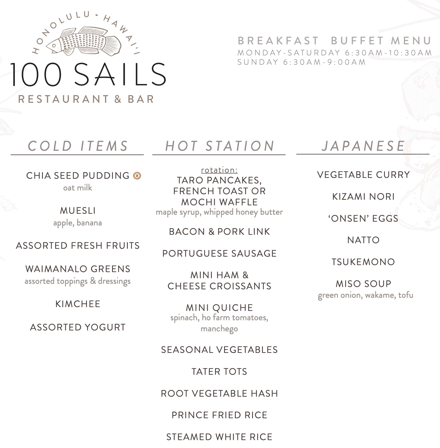 100 Sails Restaurant & Bar Breakfast Buffet Menu