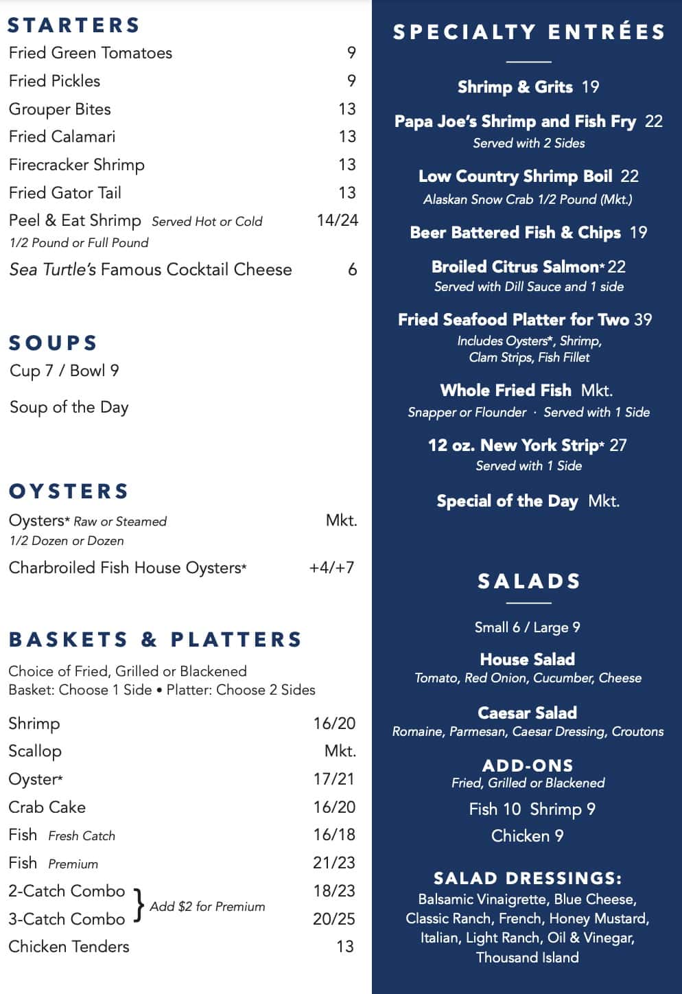 Aiken Fish House and Oyster Bar Lunch and Dinner Menu
