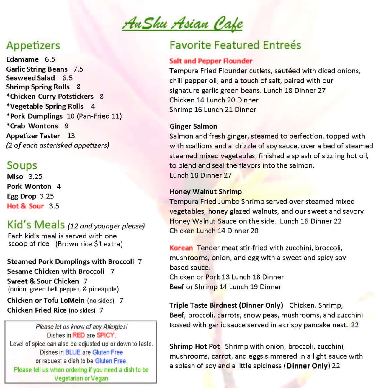 AnShu Asian Cafe Main Menu