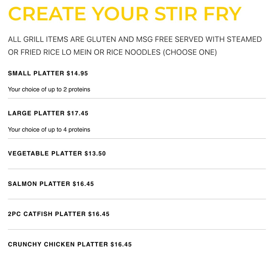 Anthony's Grill Create Your Own Stir Fry Menu