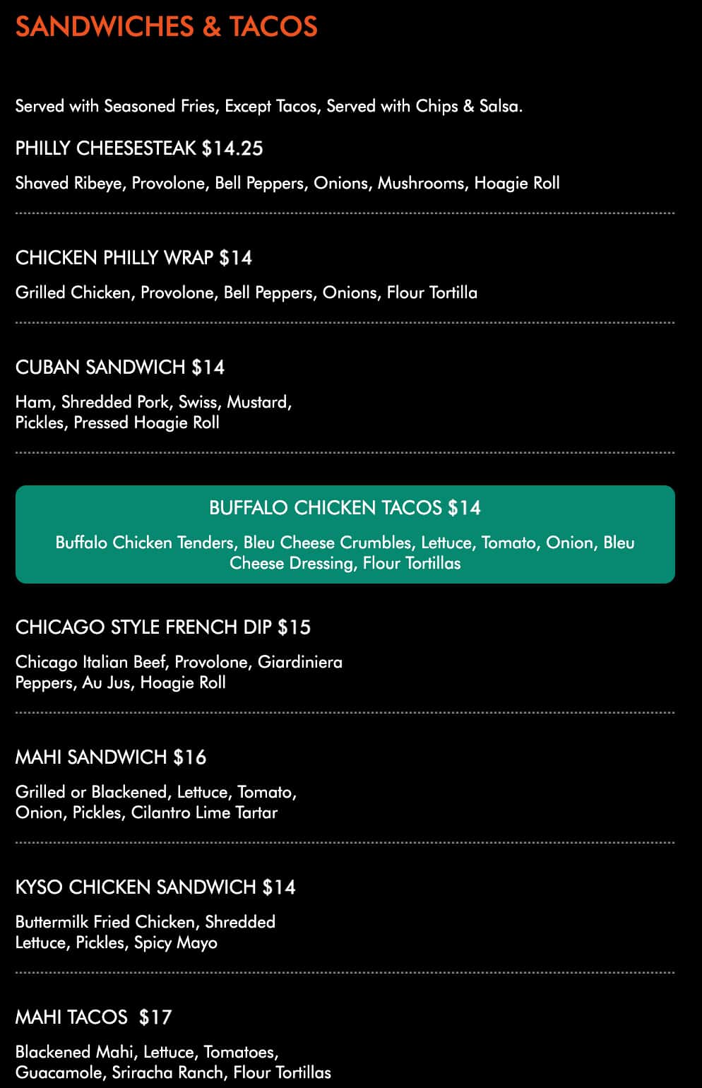 Bru's Room Bar & Grill Sandwiches and Tacos Menu