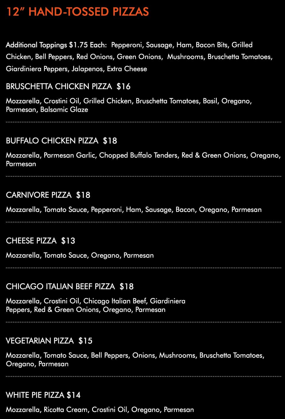 Bru's Room Bar & Grill 12 Inch Hand Tossed Pizzas Menu