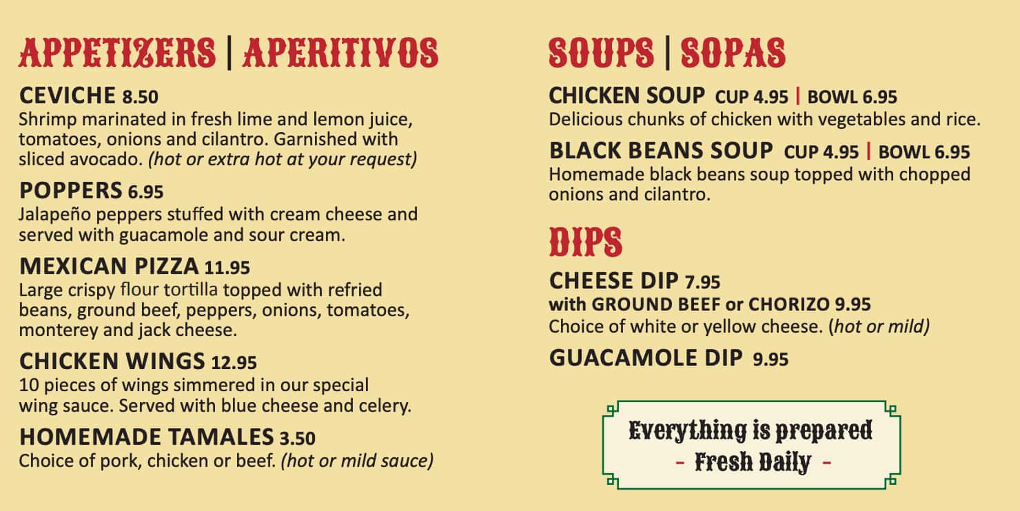 Casa Linda Appetizers, Soups, and Dips Menu