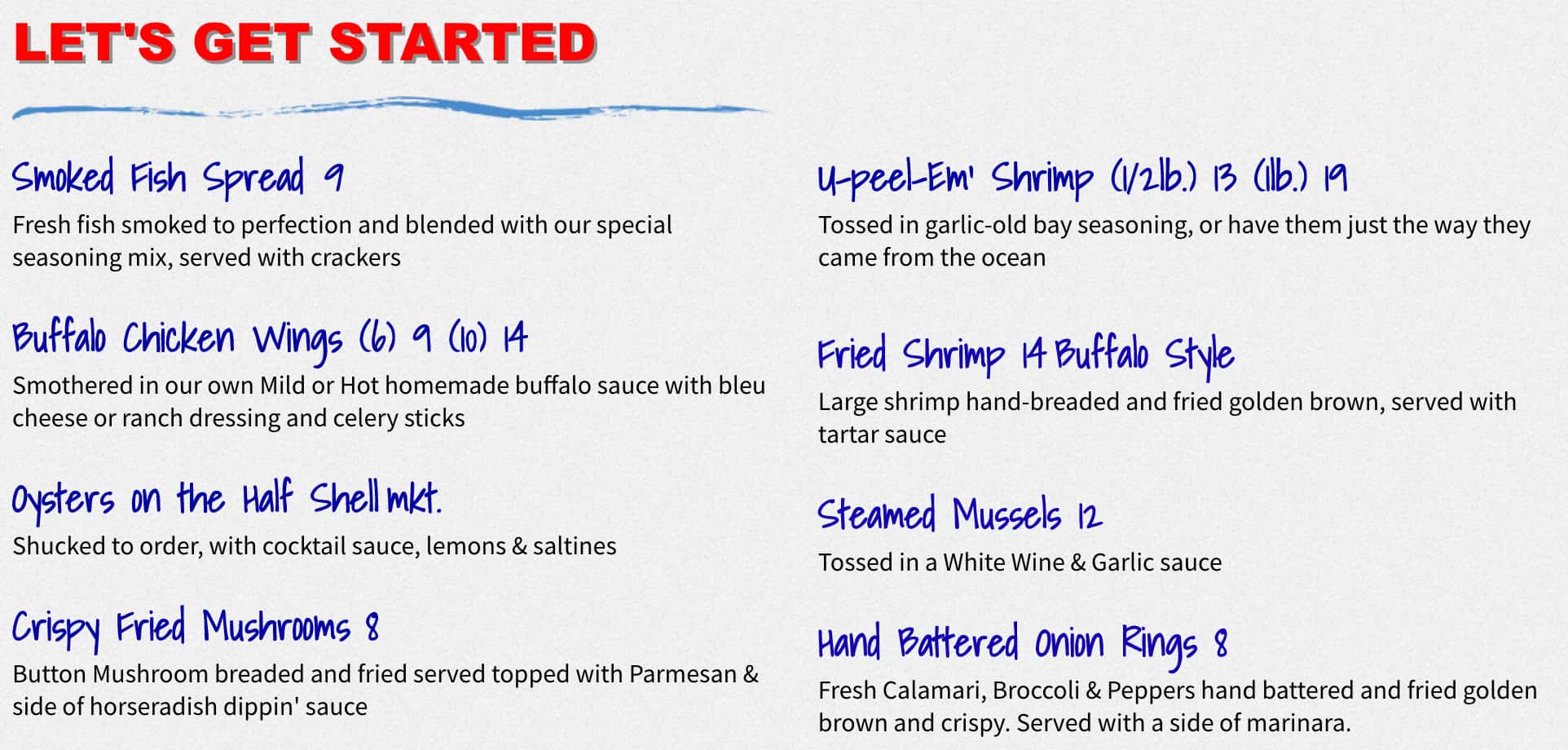 Casual Clam Seafood Bar & Grill Lets Get Started Menu