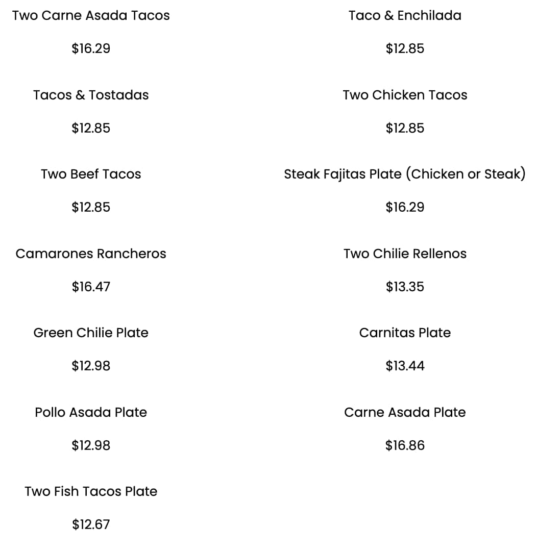 Filiberto's Mexican Food Combo Platters Menu