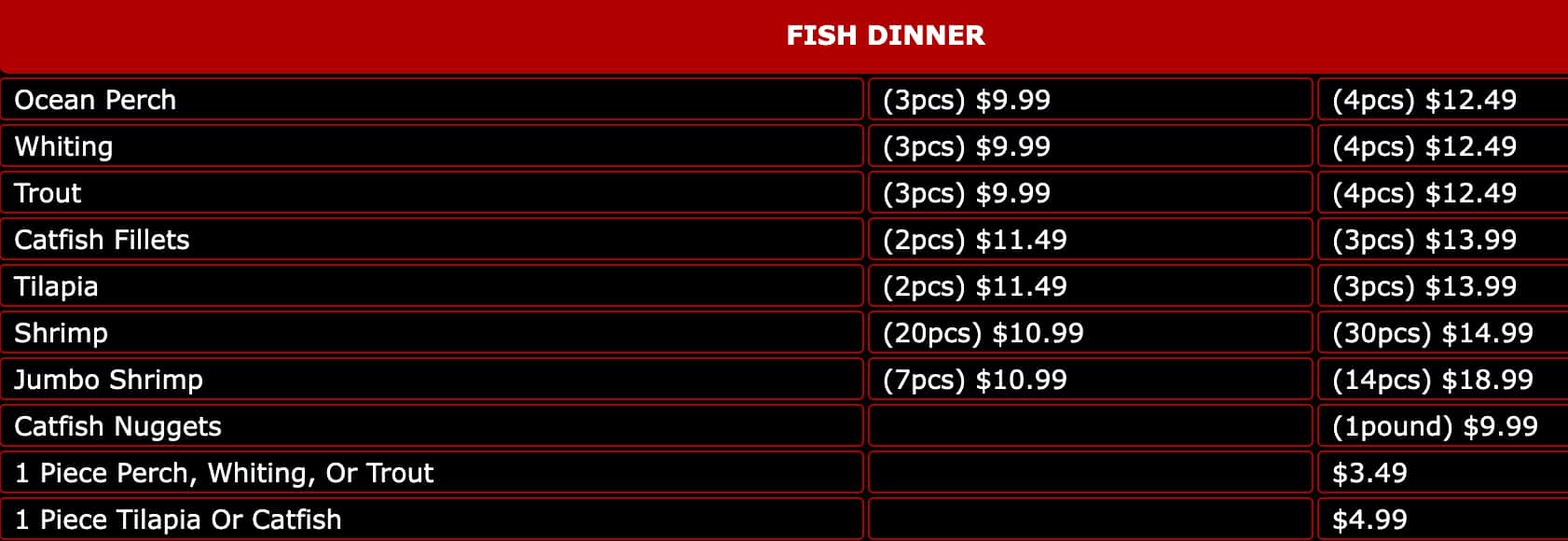 Hip Hop Fish & Chicken Fish Dinner Menu