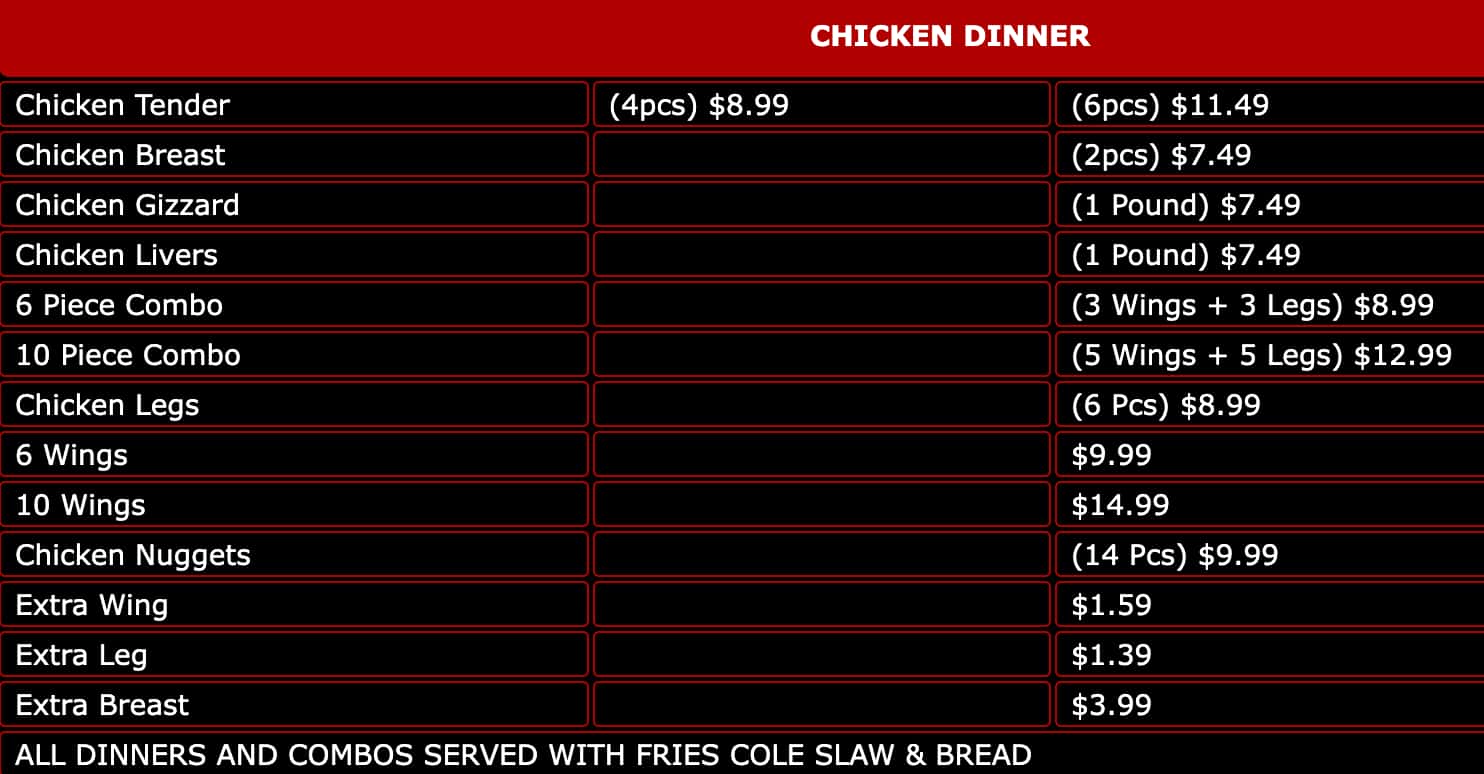 Hip Hop Fish & Chicken Chicken Dinner Menu