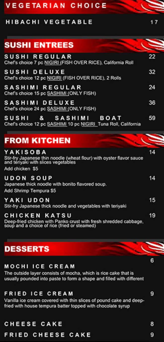 InJapan Japanese Steak Seafood & Sushi Dinner Menu