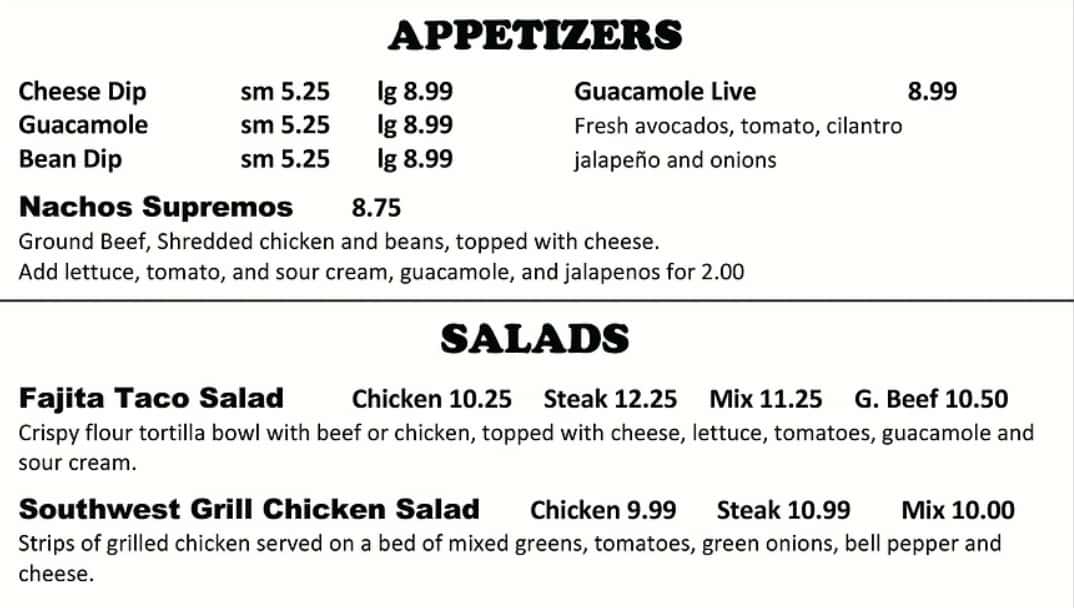 Las Fajitas Appetizers and Salads Menu