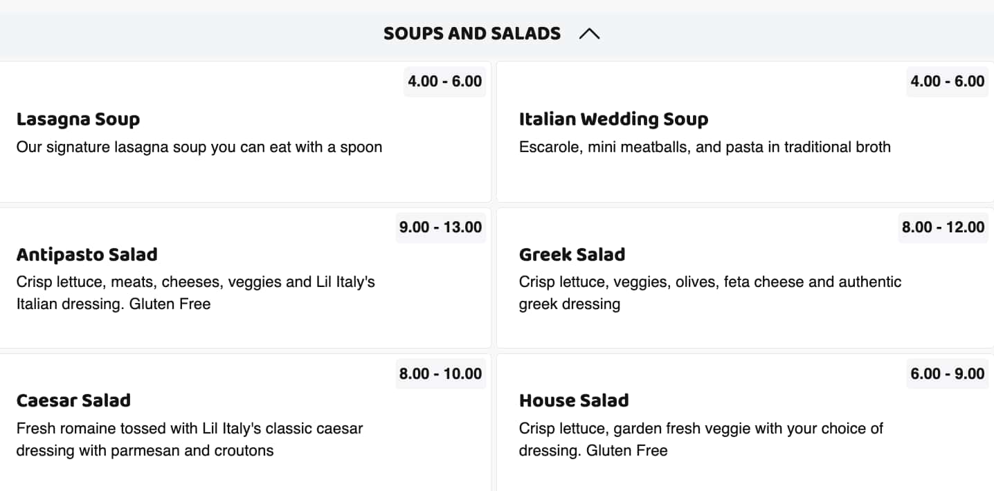 Lil' Italy Bistro Soups and Salads Menu