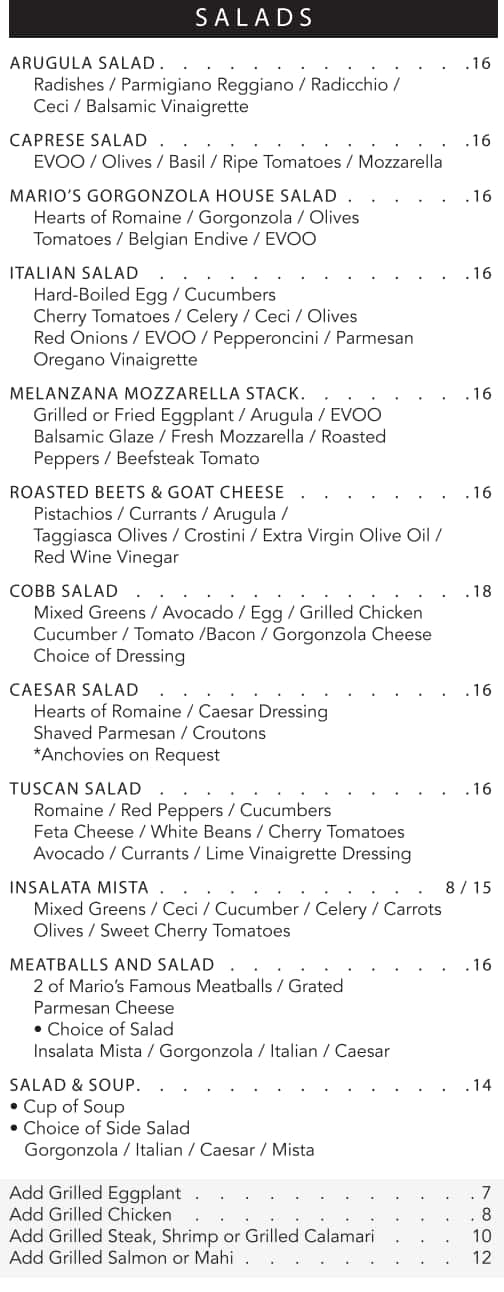Mario's Osteria Lunch Menu