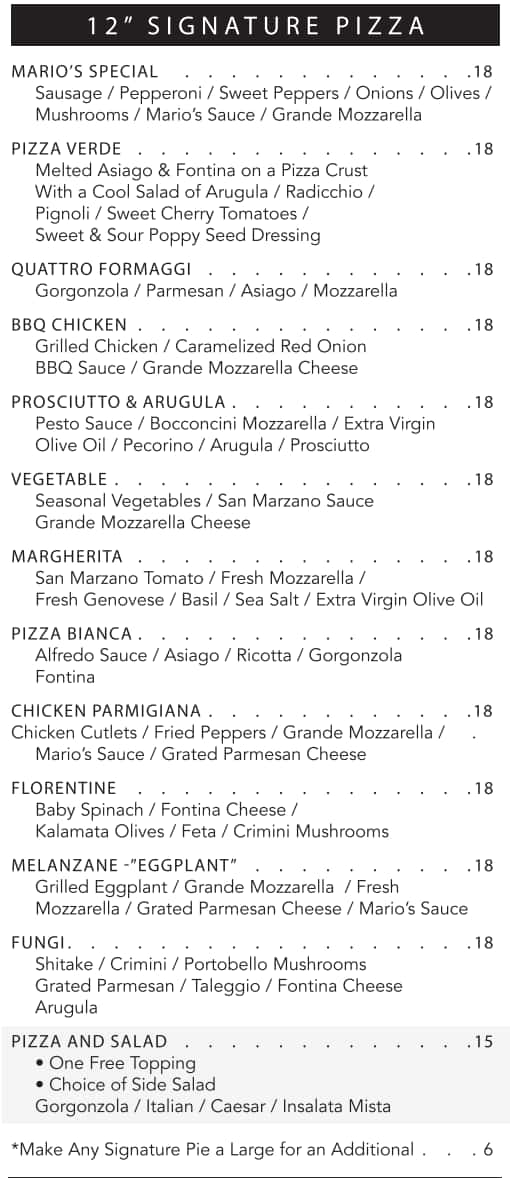 Mario's Osteria Lunch Menu