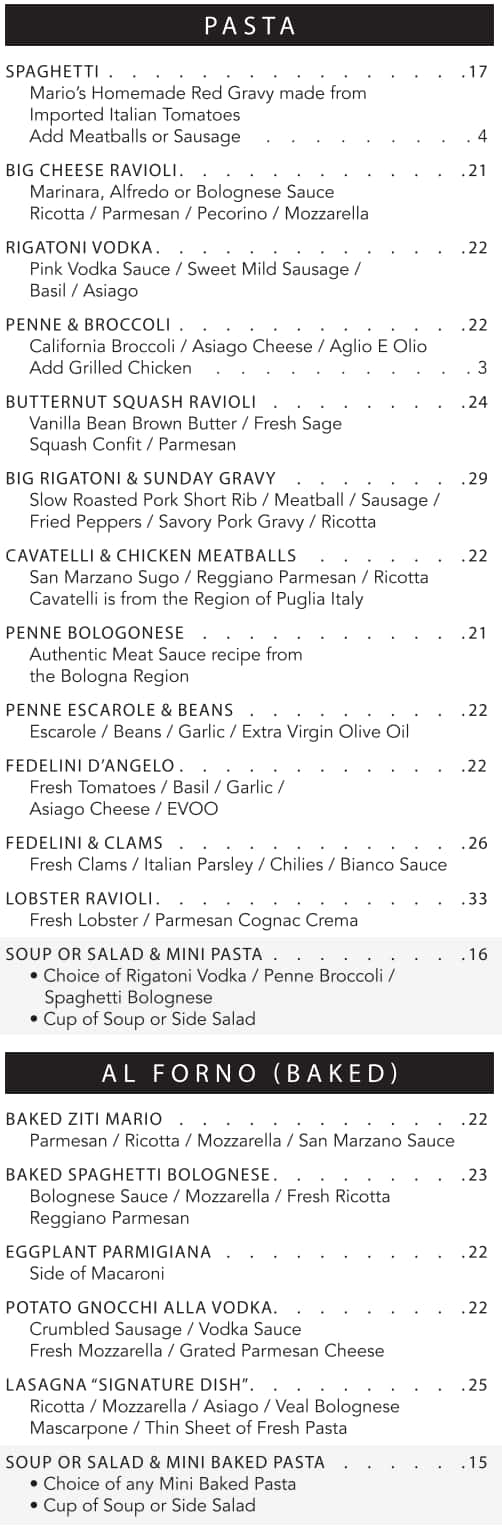 Mario's Osteria Lunch Menu