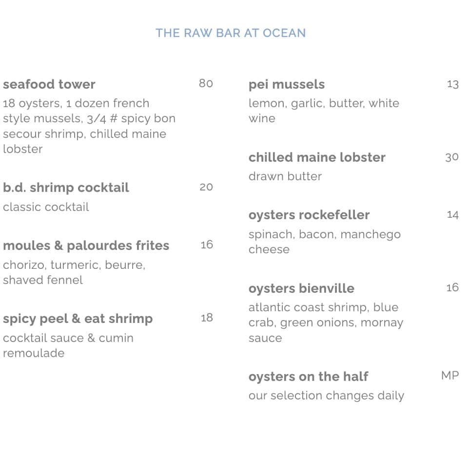 Ocean Restaurant Raw Bar Menu