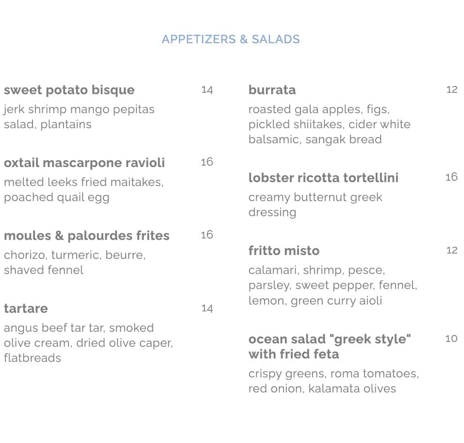 Ocean Restaurant Appetizer and Salad Menu