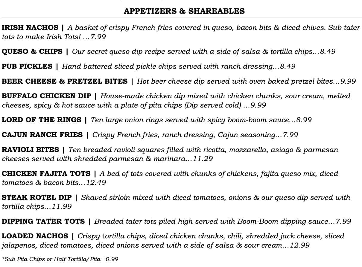 On Tap Sports Cafe Appetizer and Shareable Menu