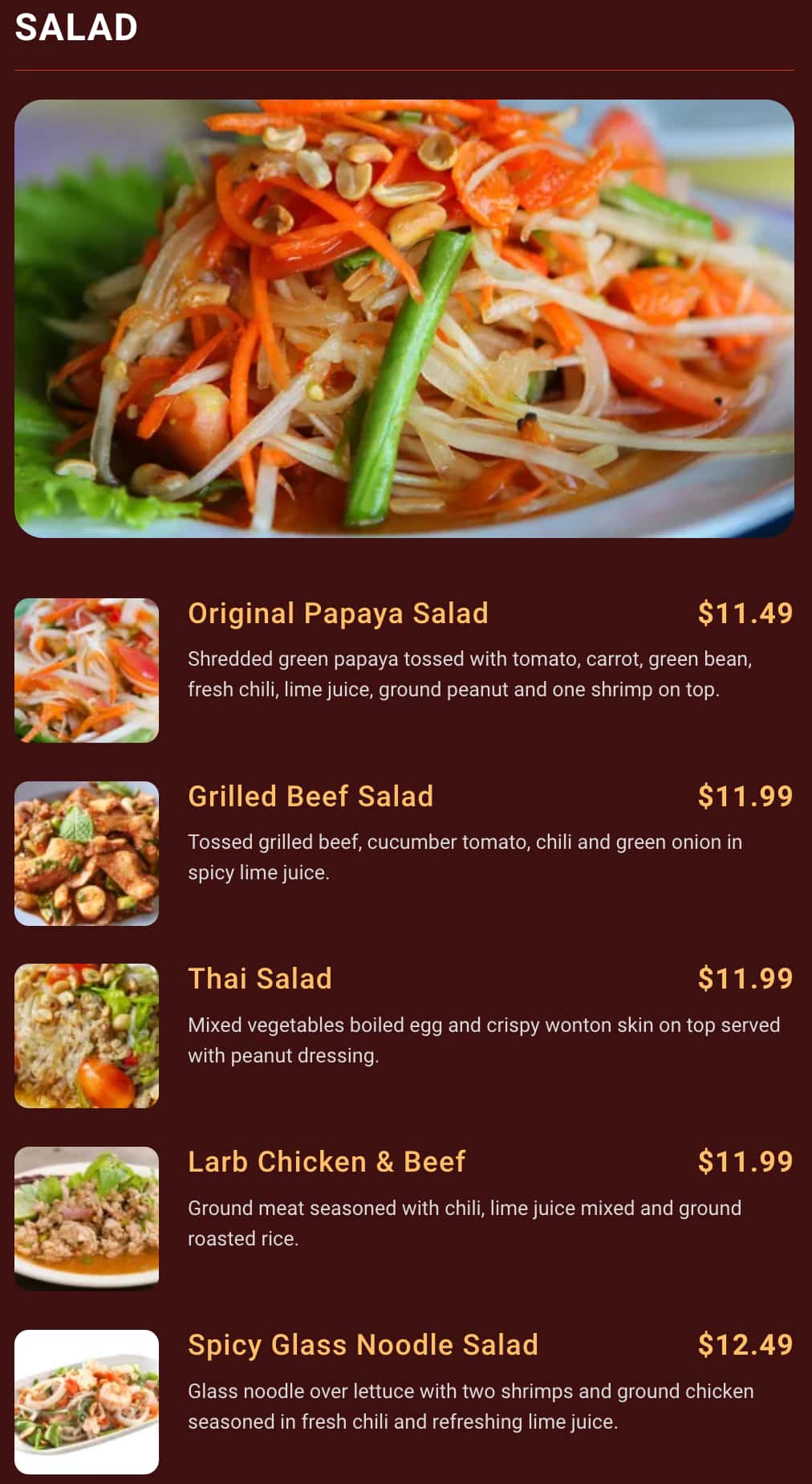 Pato Thai Cuisine Salad Menu
