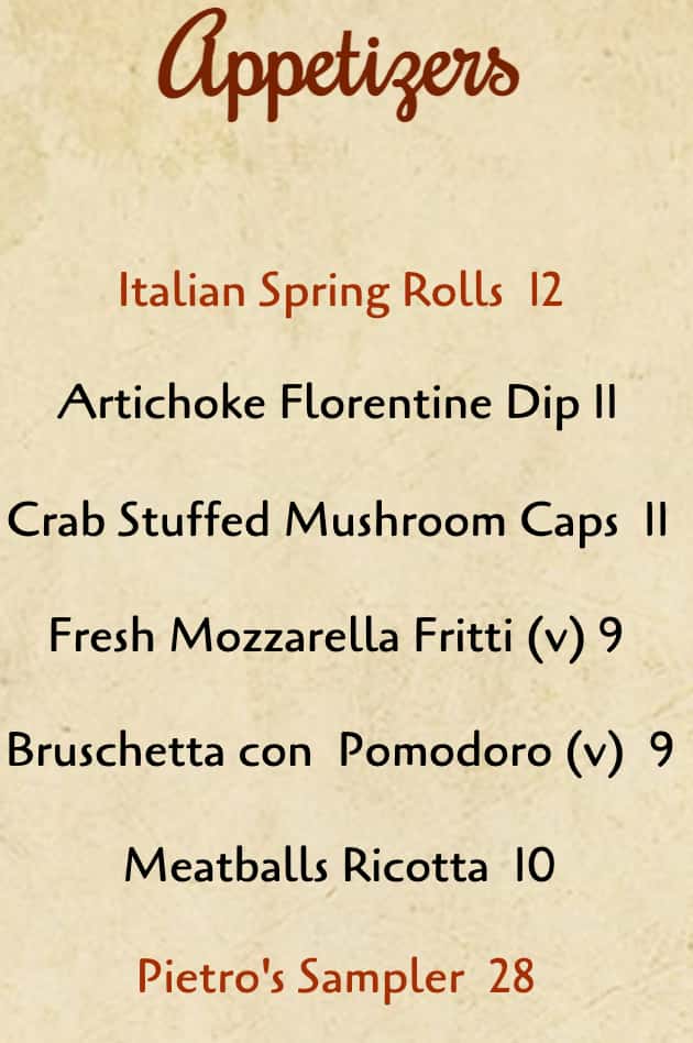 Pietro's Italian Restaurant Appetizers, Salads, and Soups Menu