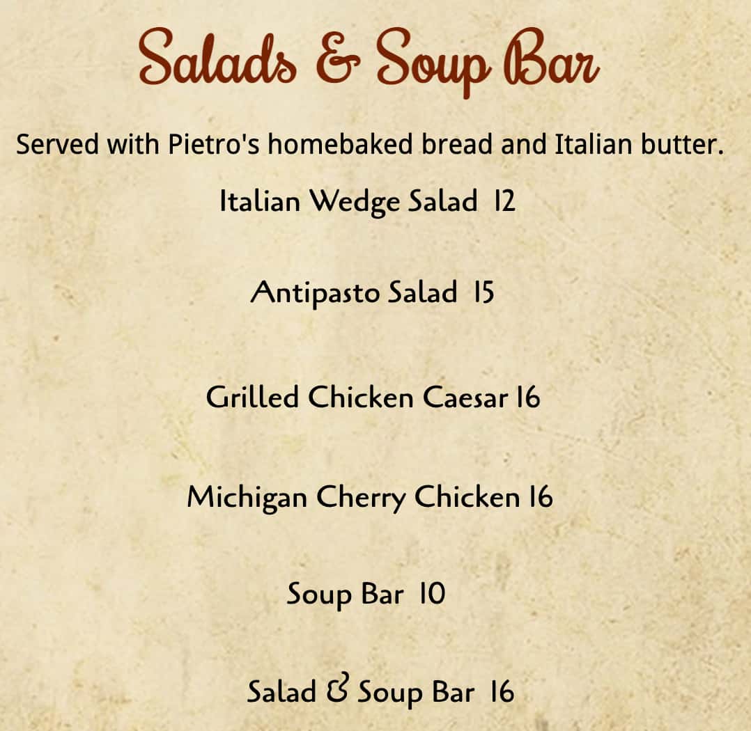 Pietro's Italian Restaurant Appetizers, Salads, and Soups Menu