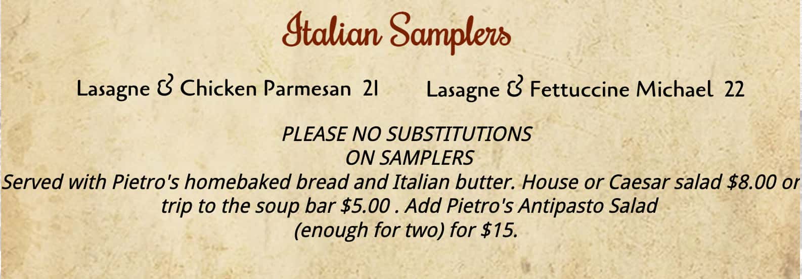 Pietro's Italian Restaurant Entrees Menu
