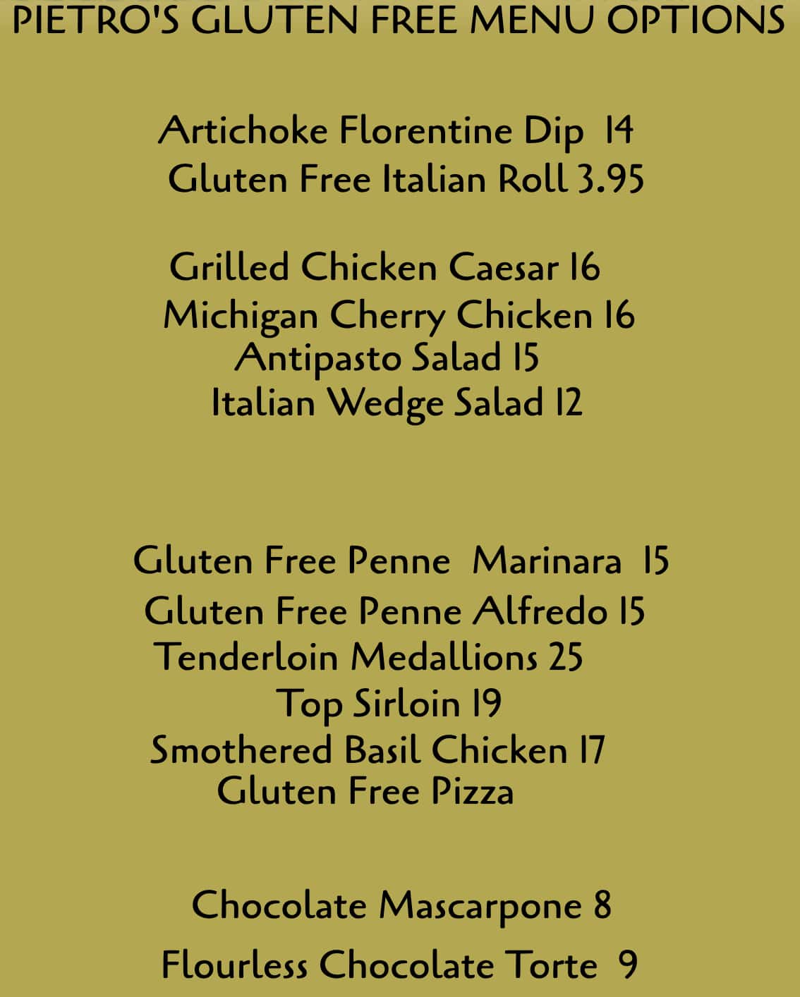 Pietro's Italian Restaurant Gluten Free Menu