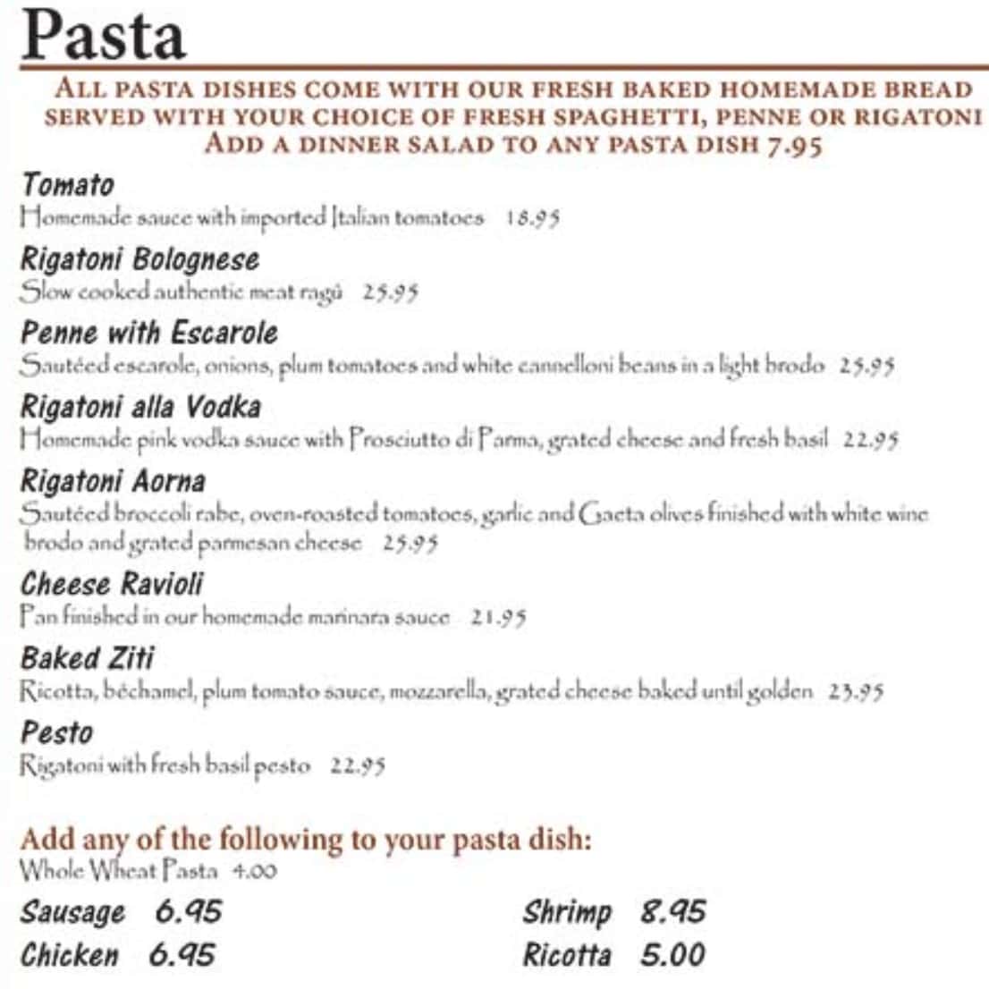 Pietro's Italian Restaurant Pasta Menu