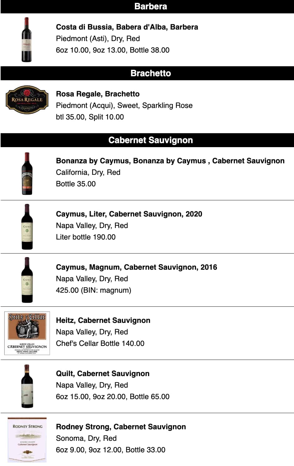 Pietro's Italian Restaurant Wine List Menu