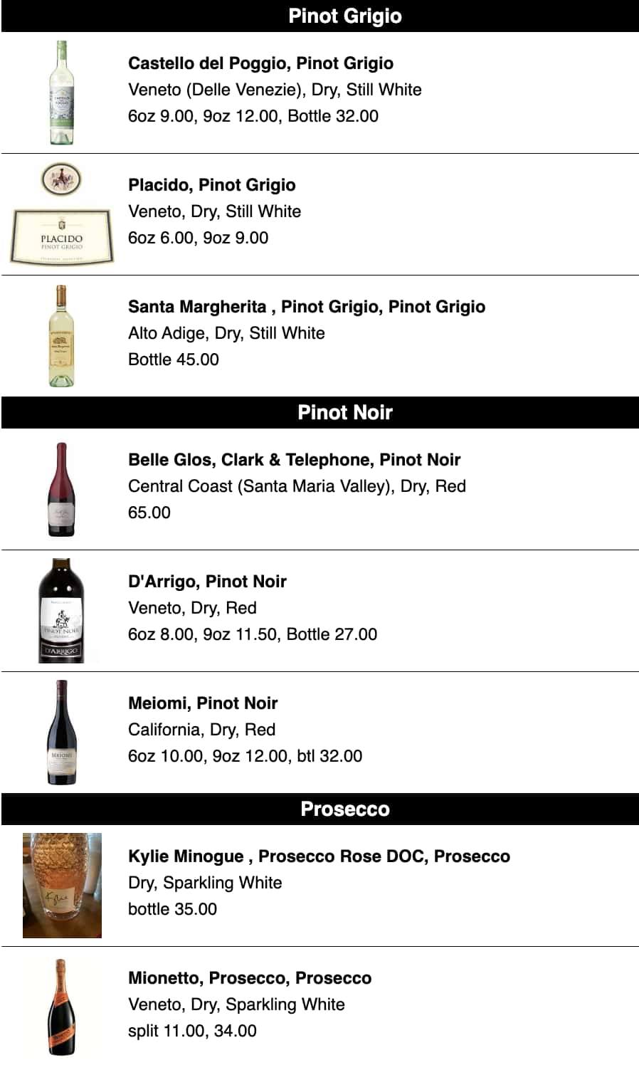 Pietro's Italian Restaurant Wine List Menu