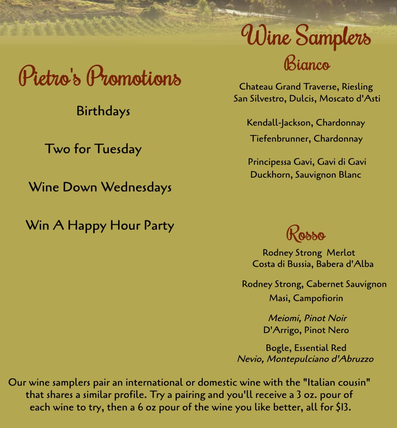 Pietro's Italian Restaurant Wine Samplers and Promotions Menu