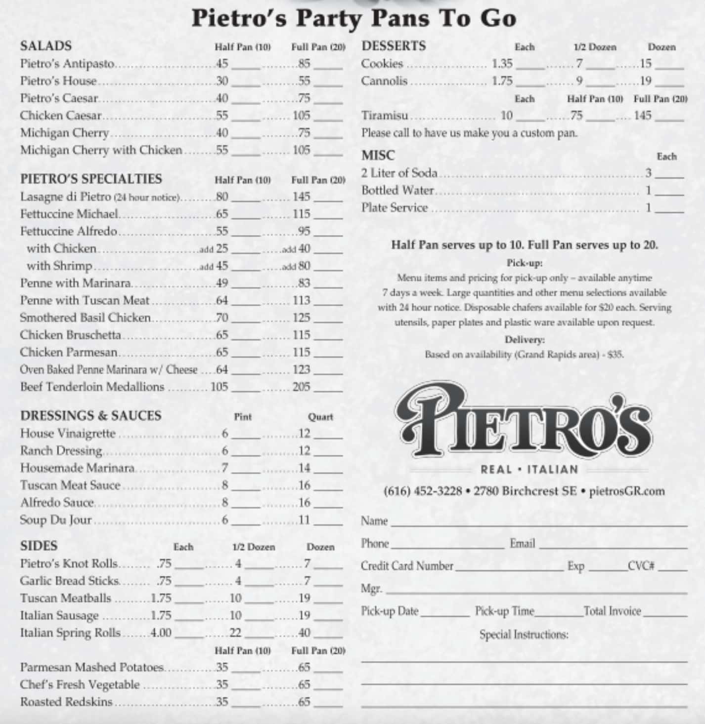 Pietro's Italian Restaurant Party Pans To Go Menu