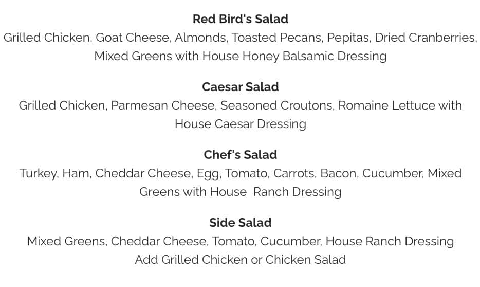 Red Bird's Deli Salad Menu