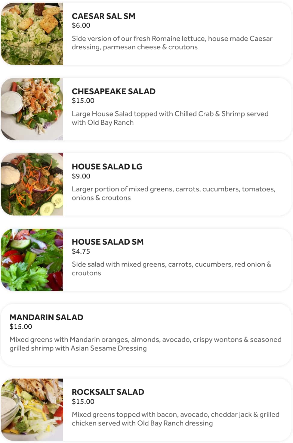 Rocksalt Grille Salads Menu