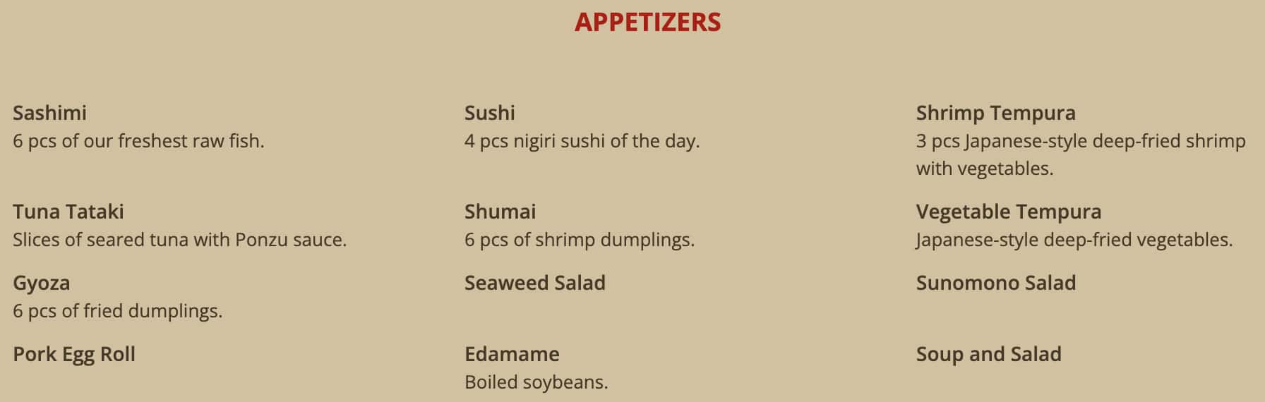 Sumo Japanese Steakhouse Appetizers Menu