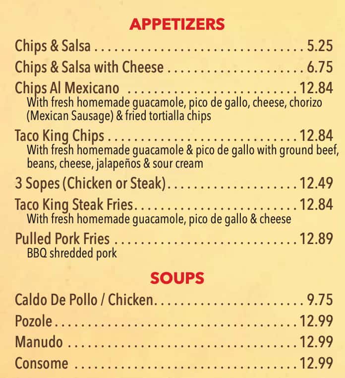 Taco King Appetizers and Soups Menu