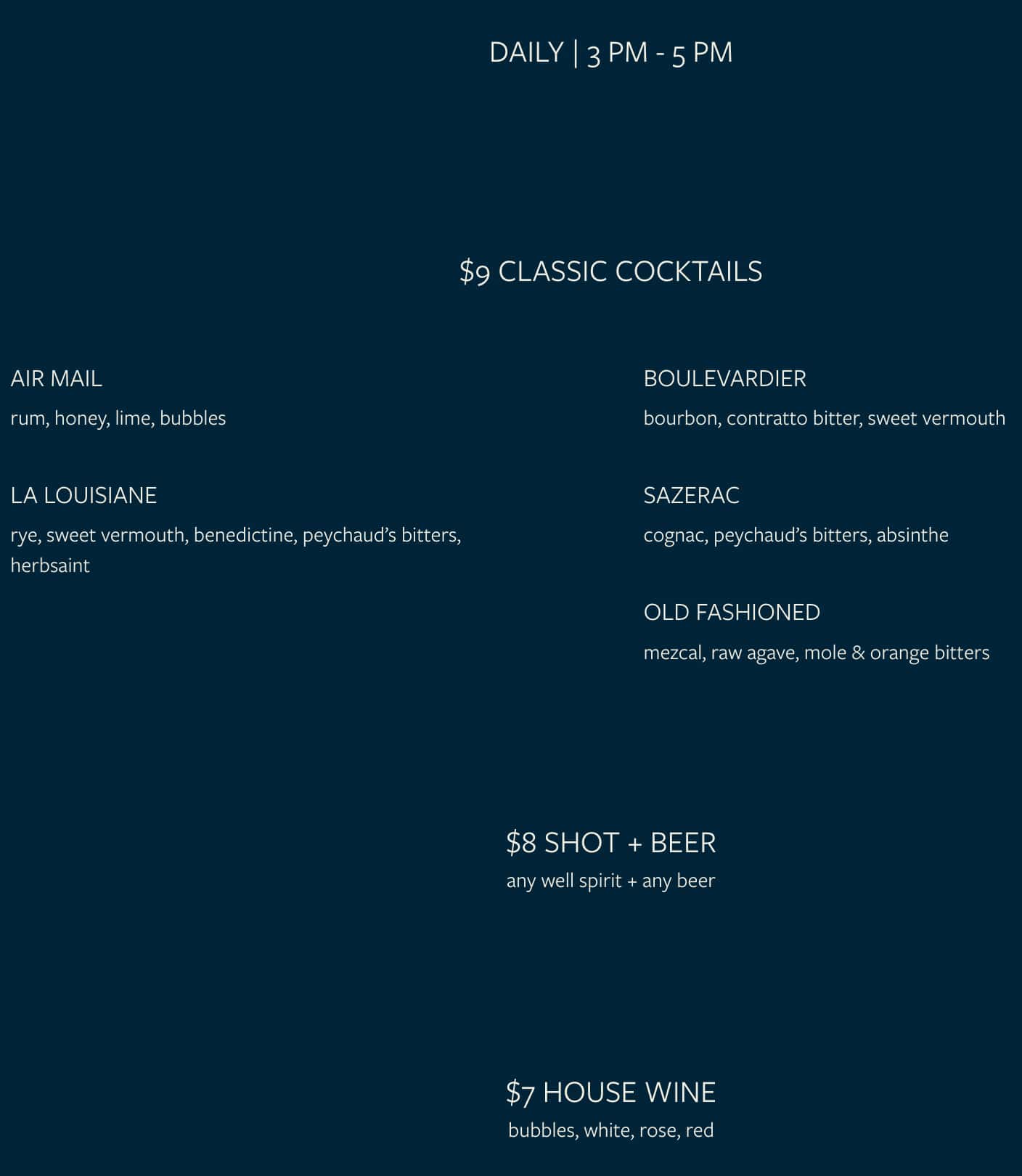 The Will & The Way Happy Hour Menu