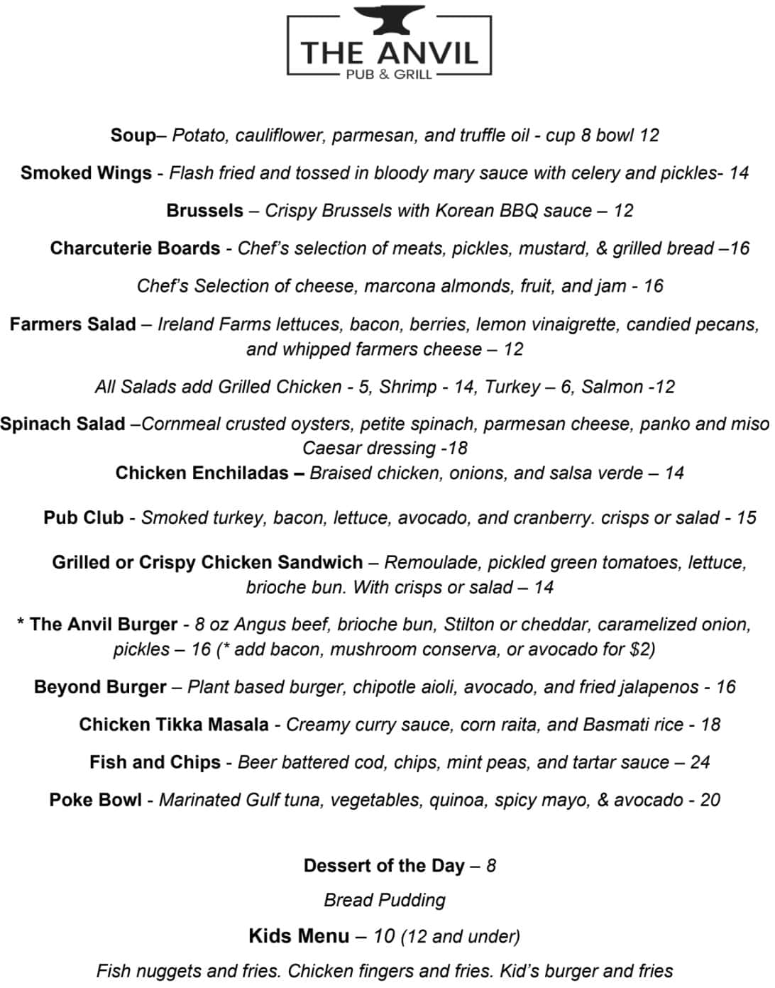 The Anvil Pub and Grill Lunch Menu