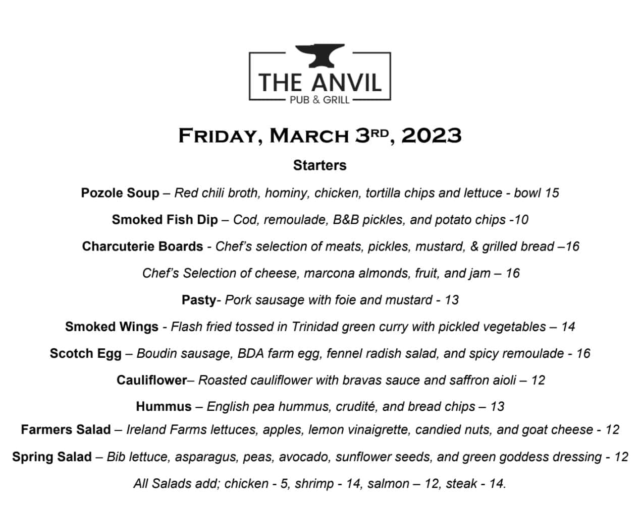 The Anvil Pub and Grill Dinner Menu