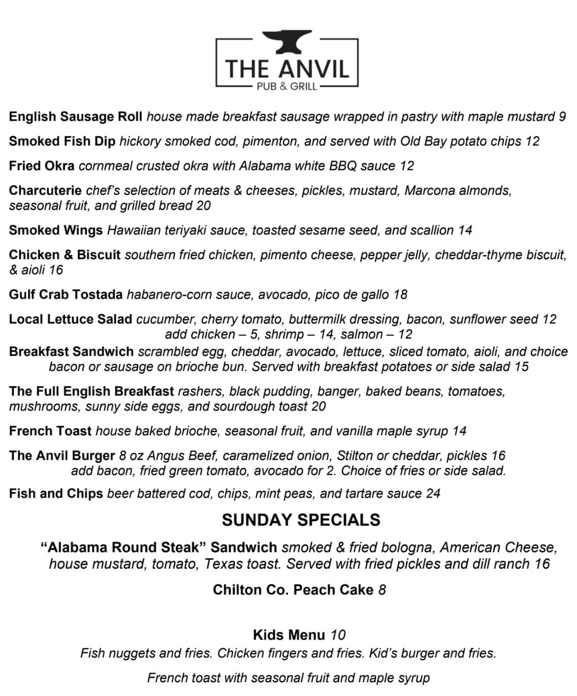 The Anvil Pub and Grill Brunch Menu